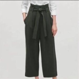 COS Paperbag Wide Leg Cropped Trouser in Olive Green Size 4